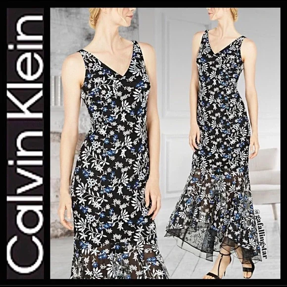 Calvin Klein Floral Embroidered Evening Dress Calvin Klein Floral Embroidered Evening Dress